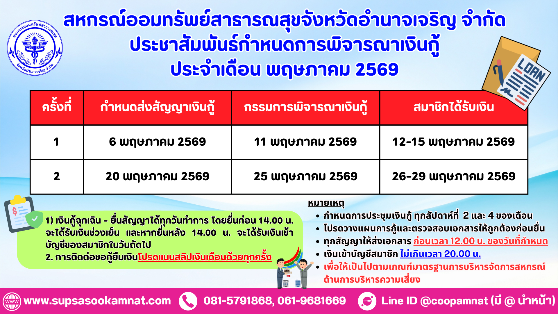 ตารางกำหนดการพิจารณาเงินกู้ ประจำเดือนพฤษภาคม 2569
