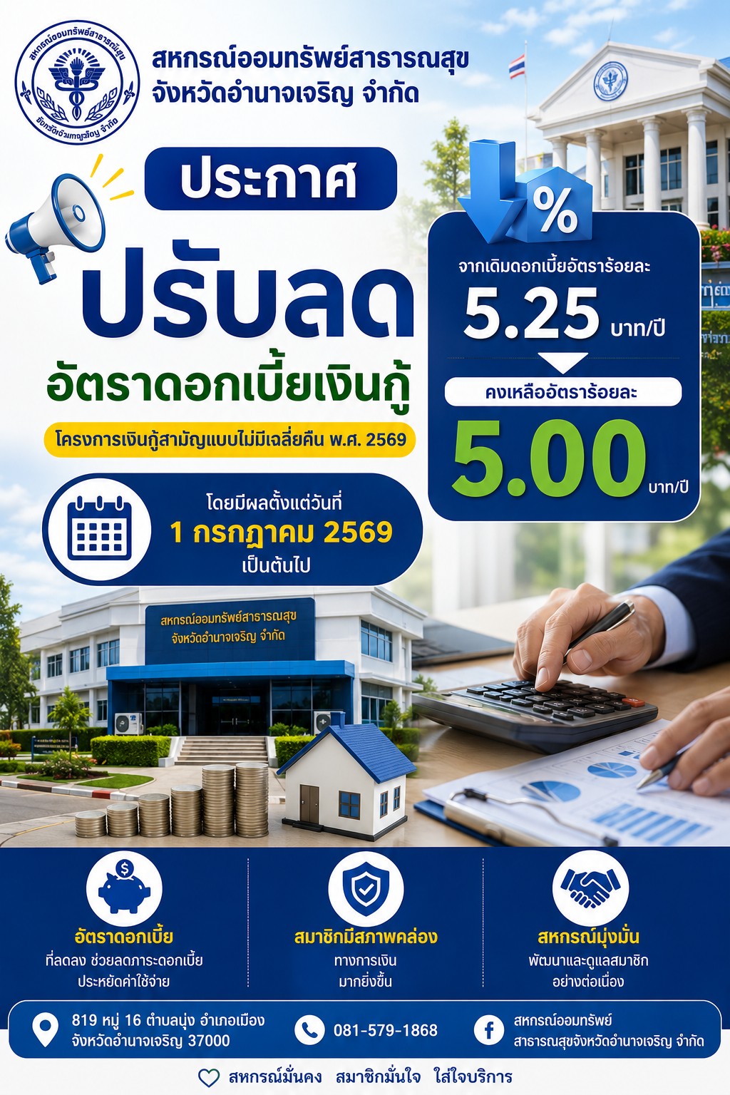 ประกาศ การปรับลดอัตราดอกเบี้ยเงินกู้ประเภทสามัญแบบไม่มีเฉลี่ยคืน (สฉ.)