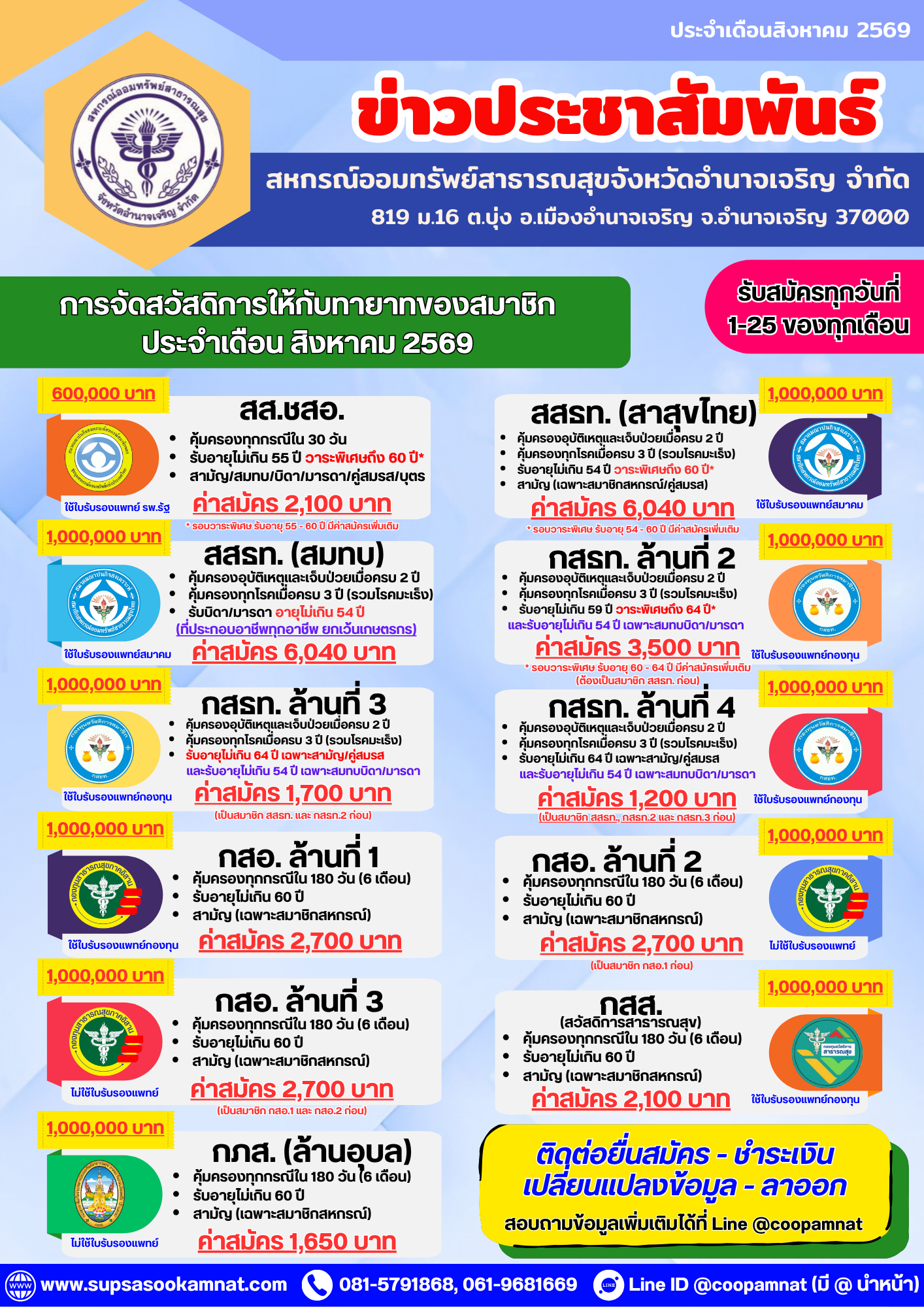 การรับสมัครสมาชิกของสมาคม/กองทุน ประจำเดือนสิงหาคม 2569
